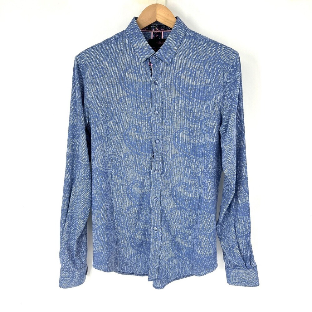 Eight X Premium Slim Fit Button Up Shirt‎ Mens Size L  Blue Paisley Long Sleeve